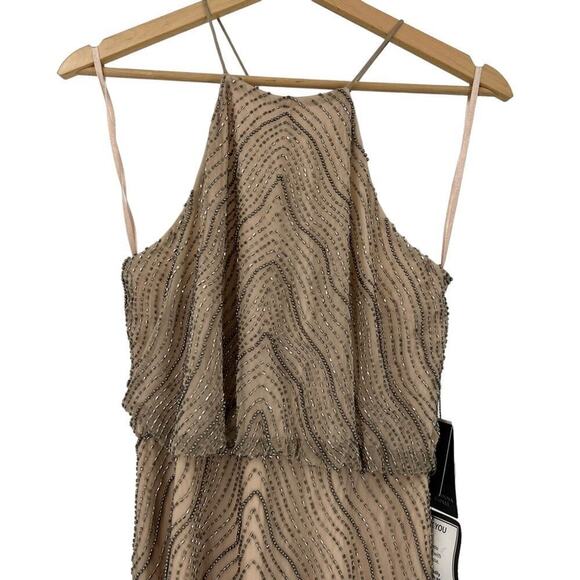 NEW Adrianna Papell Halter Beaded Blouson Goem Maxi Dress Sz 8P Taupe Pink Wavy - Picture 5 of 9